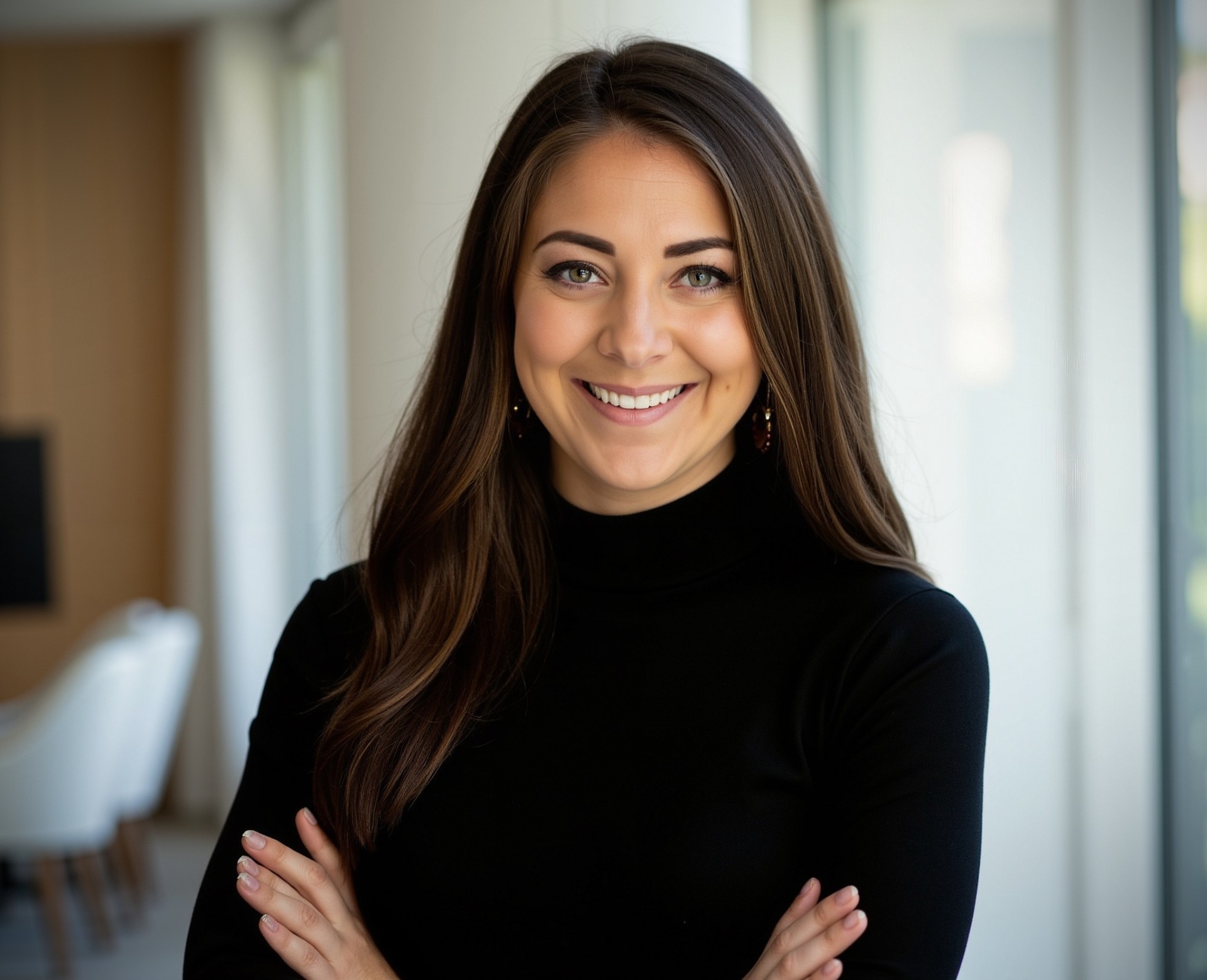 Portrait of Francesca Pucci, Luxury Sales District Director at Kering Eyewear, smiling in a black turtleneck.